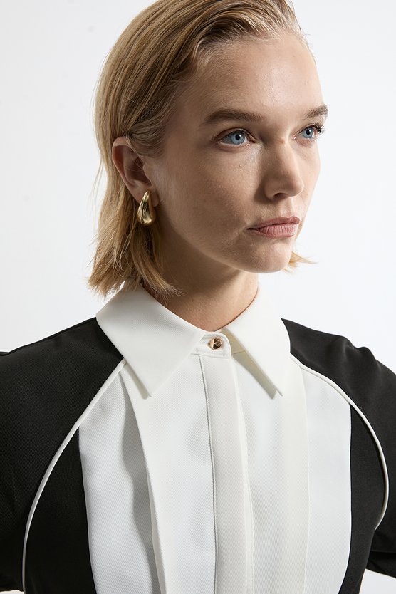 Karen Millen Petite Twill Contrast Collar Woven Maxi Dress Mono