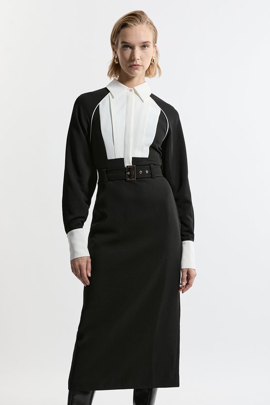 Karen Millen Petite Twill Contrast Collar Woven Maxi Dress Mono