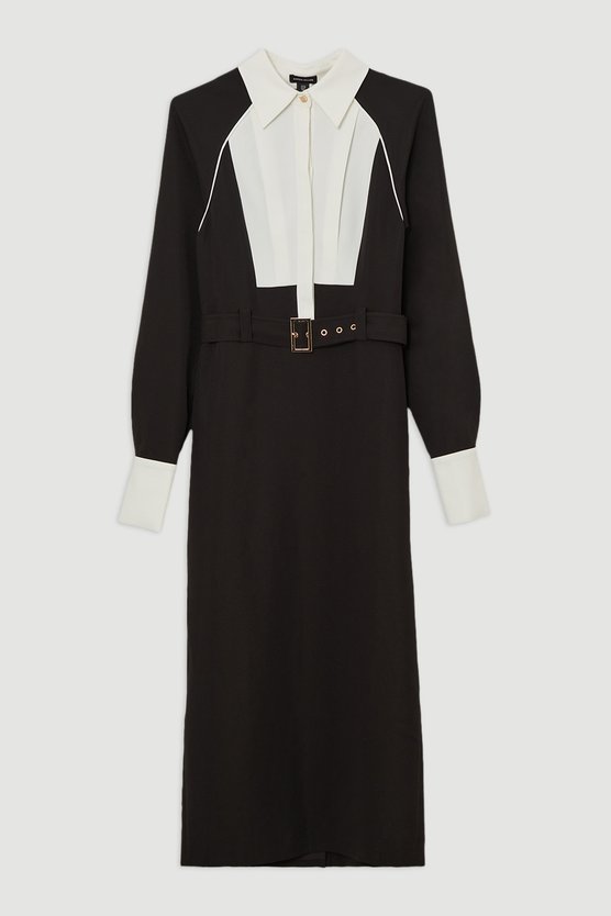 Karen Millen Petite Twill Contrast Collar Woven Maxi Dress Mono