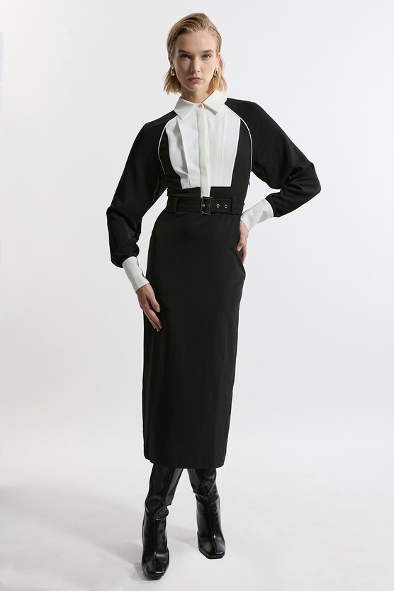 karen millen Petite Twill Contrast Collar Woven Maxi Dress mono