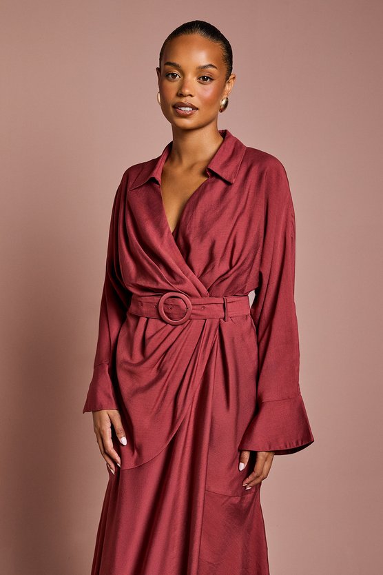 Karen Millen Petite Twill Long Sleeve Wrap Dress With Belt Burgundy