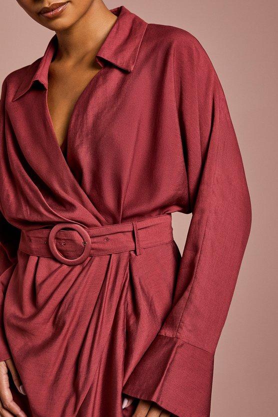 Karen Millen Petite Twill Long Sleeve Wrap Dress With Belt Burgundy