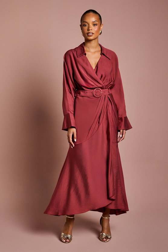 karen millen Petite Twill Long Sleeve Wrap Dress With Belt burgundy