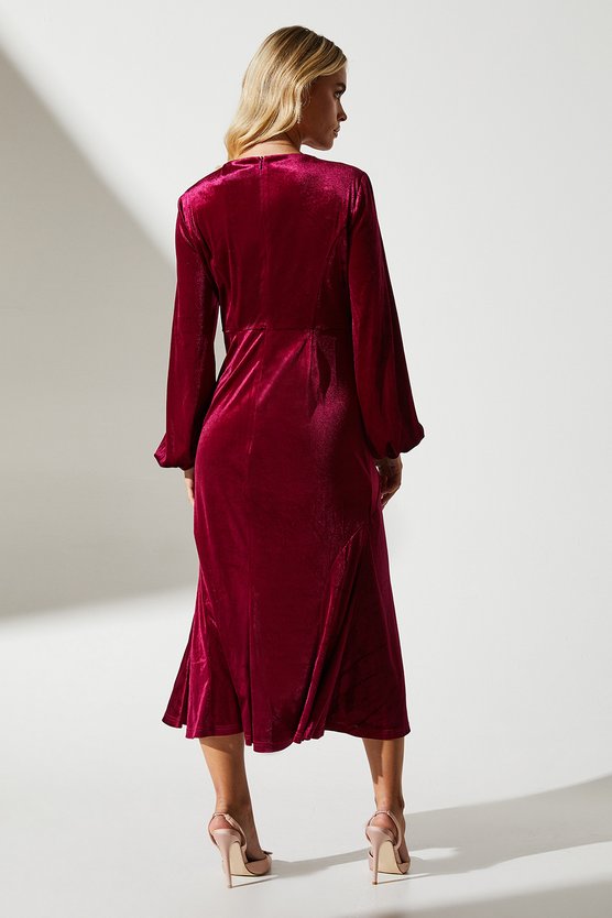 Karen Millen Petite Velvet Long Sleeve Midi Wedding Guest Dress Wine