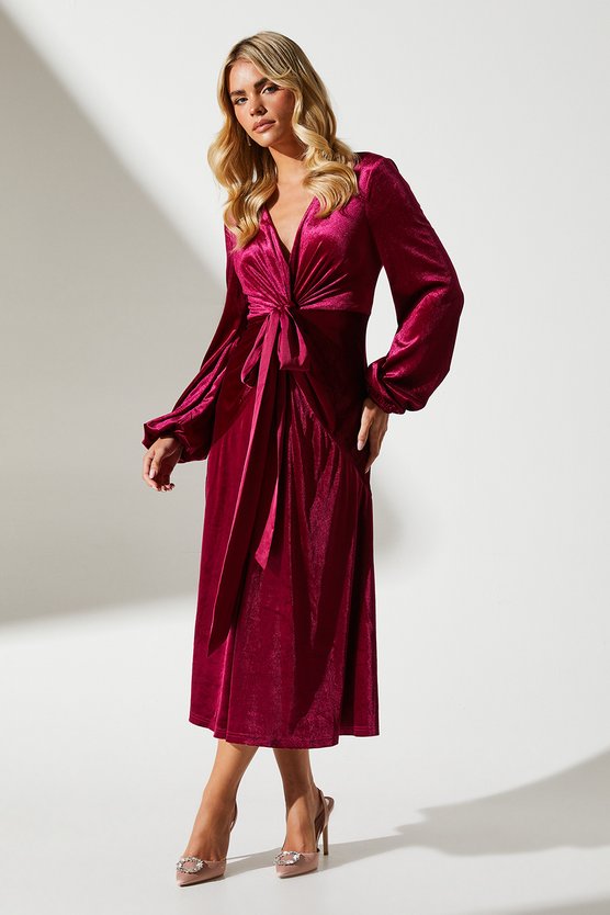 karen millen Petite Velvet Long Sleeve Midi Wedding Guest Dress wine