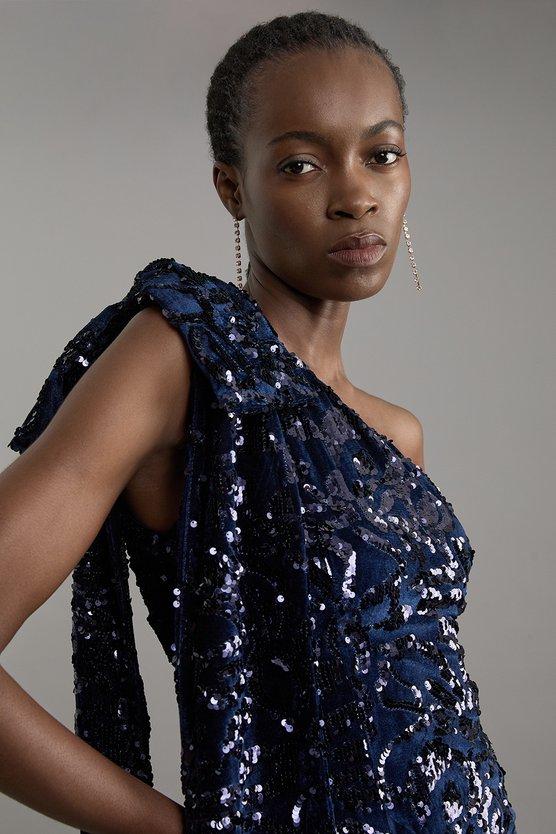 Karen Millen Petite Velvet Sequin One Shoulder Woven Maxi Dress Purple