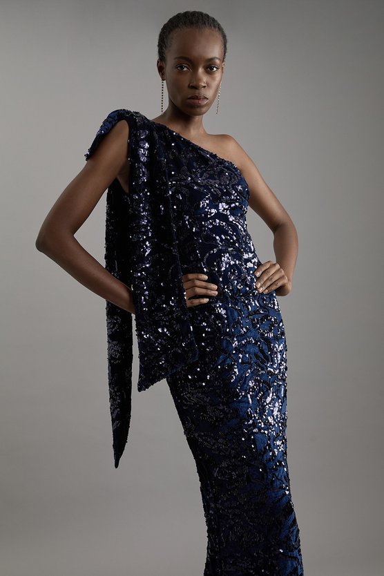 Karen Millen Petite Velvet Sequin One Shoulder Woven Maxi Dress Purple