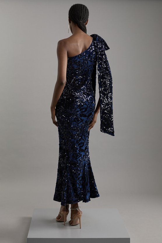 Karen Millen Petite Velvet Sequin One Shoulder Woven Maxi Dress Purple