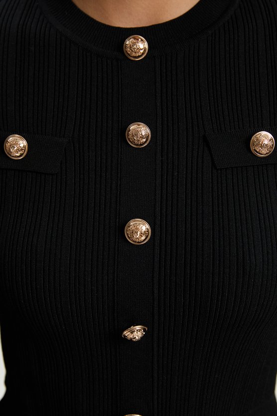 Karen Millen Petite Viscose Blend Maxi Knit Dress With Chiffon Sleeve Military Trim Black