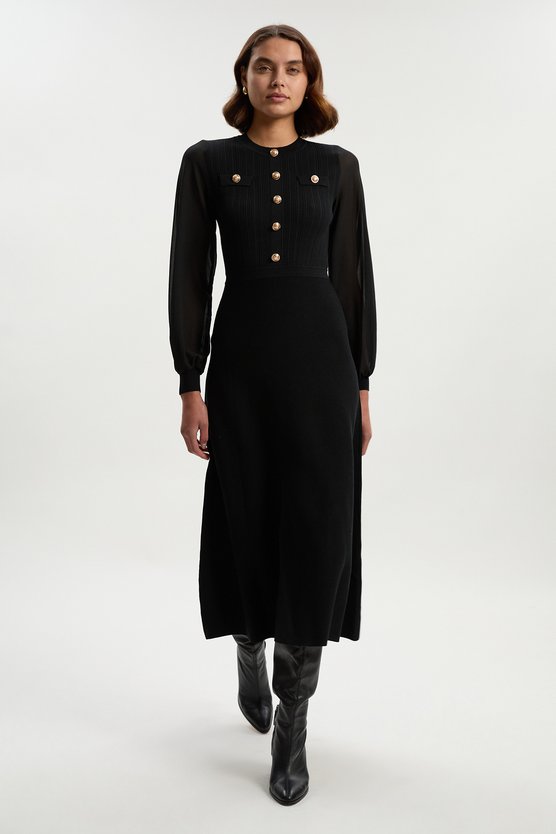 Karen Millen Petite Viscose Blend Maxi Knit Dress With Chiffon Sleeve Military Trim Black