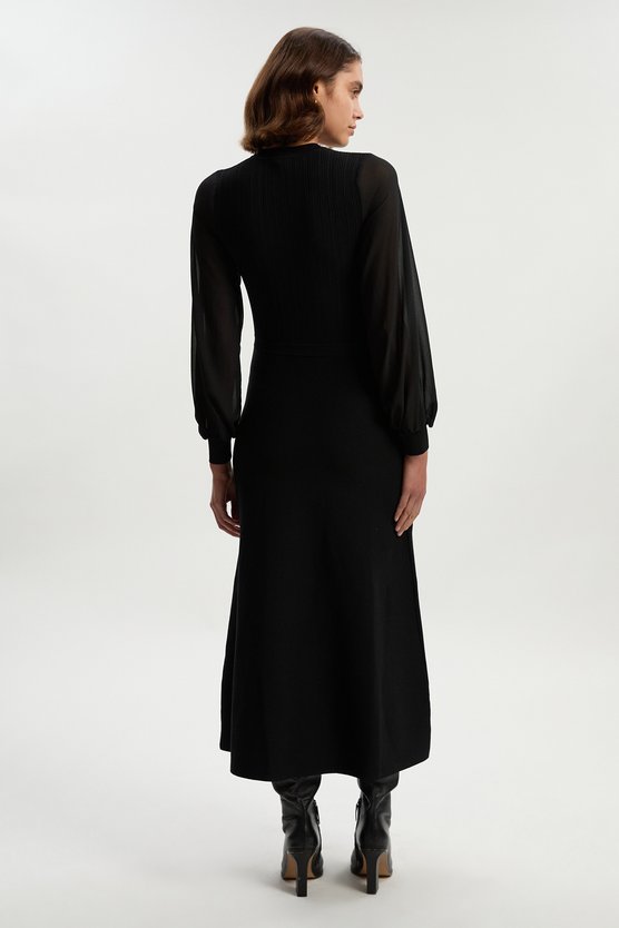 Karen Millen Petite Viscose Blend Maxi Knit Dress With Chiffon Sleeve Military Trim Black