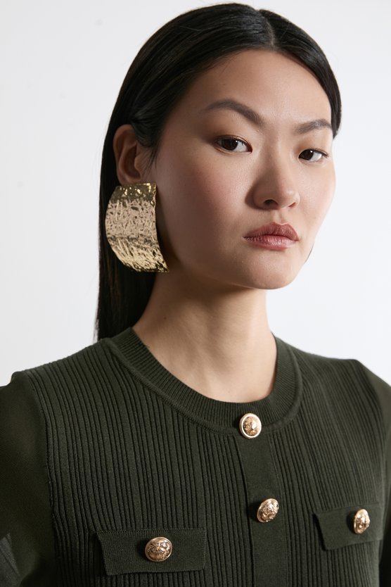 Karen Millen Petite Viscose Blend Maxi Knit Dress With Chiffon Sleeve Military Trim Olive