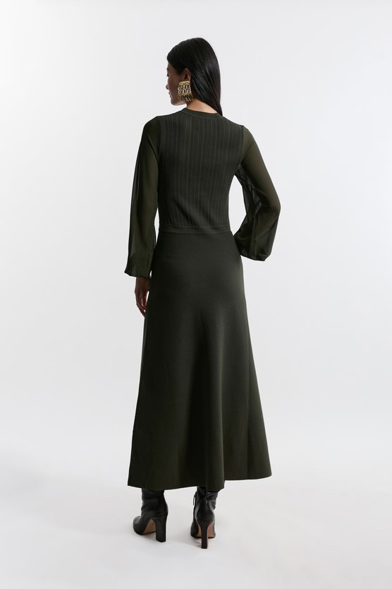 Karen Millen Petite Viscose Blend Maxi Knit Dress With Chiffon Sleeve Military Trim Olive
