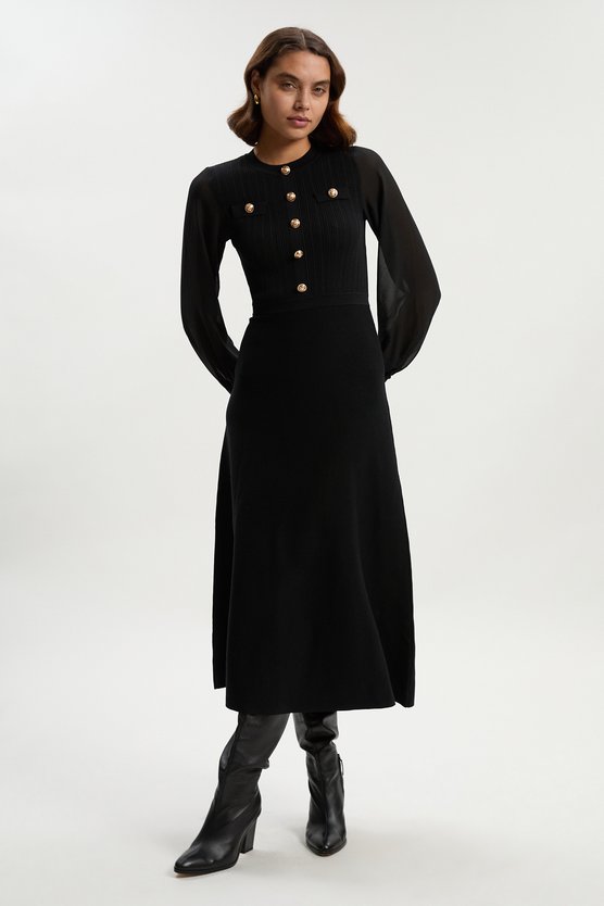 karen millen Petite Viscose Blend Maxi Knit Dress With Chiffon Sleeve Military Trim black