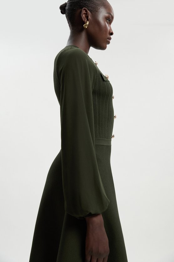 Karen Millen Petite Viscose Blend Mini Knit Dress With Chiffon Sleeve Military Trim Olive