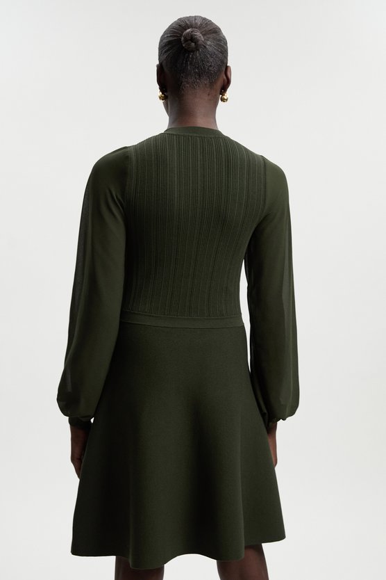 Karen Millen Petite Viscose Blend Mini Knit Dress With Chiffon Sleeve Military Trim Olive
