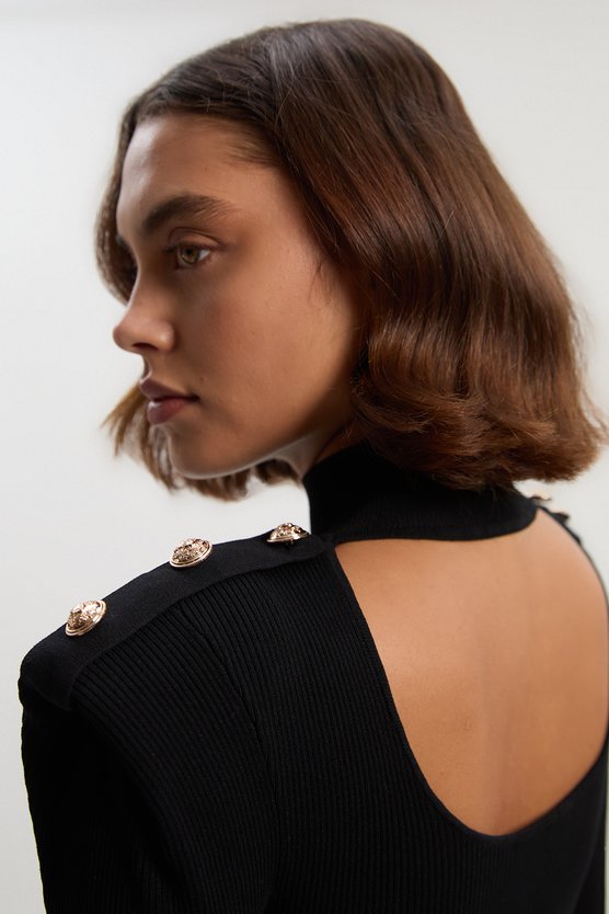 Karen Millen Petite Viscose Blend Rib Knit Power Shoulder Long Sleeve Military Trim Maxi Dress Black