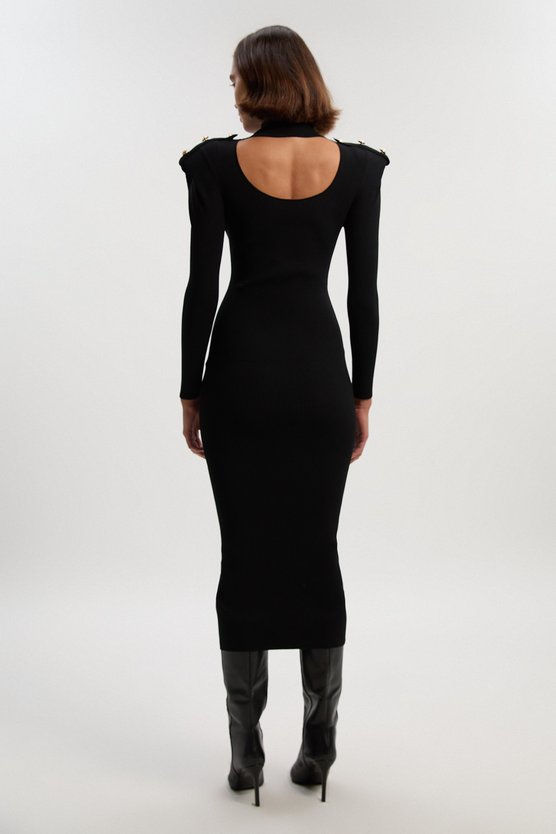 Karen Millen Petite Viscose Blend Rib Knit Power Shoulder Long Sleeve Military Trim Maxi Dress Black