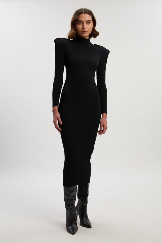 karen millen Petite Viscose Blend Rib Knit Power Shoulder Long Sleeve Military Trim Maxi Dress black