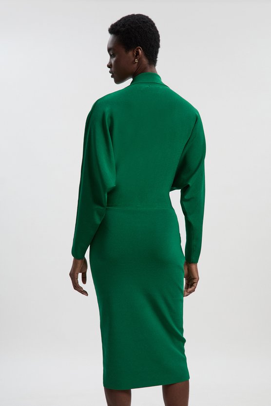 Karen Millen Petite Viscose Blend Slinky Batwing Button Neck Knit Midi Dress Green