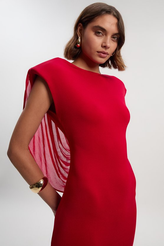 Karen Millen Petite Viscose Blend Slinky Drape Plunge Back Knit Maxi Dress Red