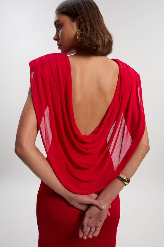 Karen Millen Petite Viscose Blend Slinky Drape Plunge Back Knit Maxi Dress Red