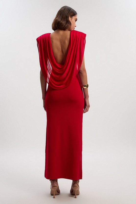 Karen Millen Petite Viscose Blend Slinky Drape Plunge Back Knit Maxi Dress Red