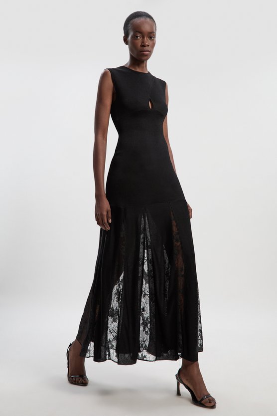 Karen Millen Petite Viscose Blend Slinky Sheer Lace Detail Knit Maxi Dress Black