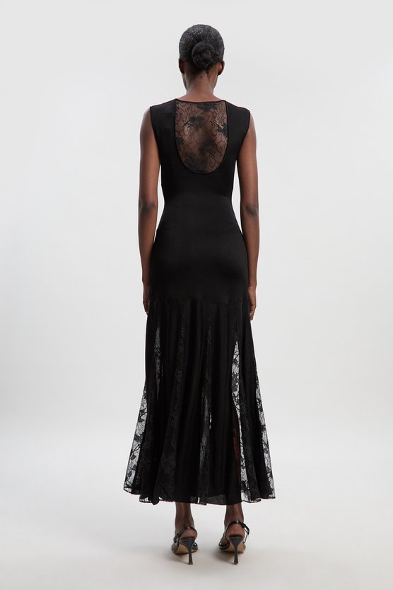 Karen Millen Petite Viscose Blend Slinky Sheer Lace Detail Knit Maxi Dress Black