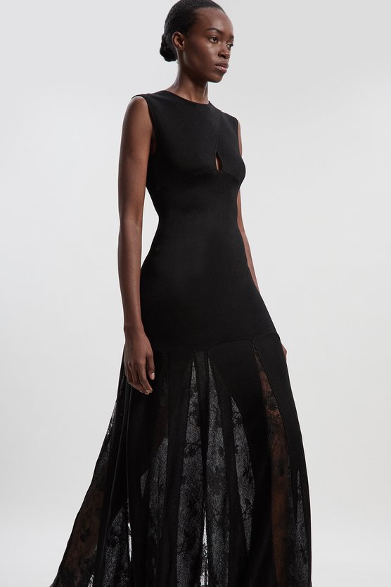 karen millen Petite Viscose Blend Slinky Sheer Lace Detail Knit Maxi Dress black