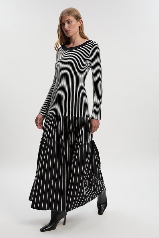 karen millen Petite Viscose Blend Striped Knitted Maxi Dress white