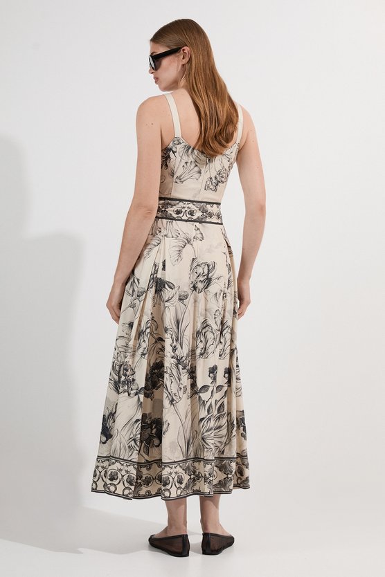 Karen Millen Petite Viscose Linen Scenic Placed Print Strappy Woven Midi Dress Mono