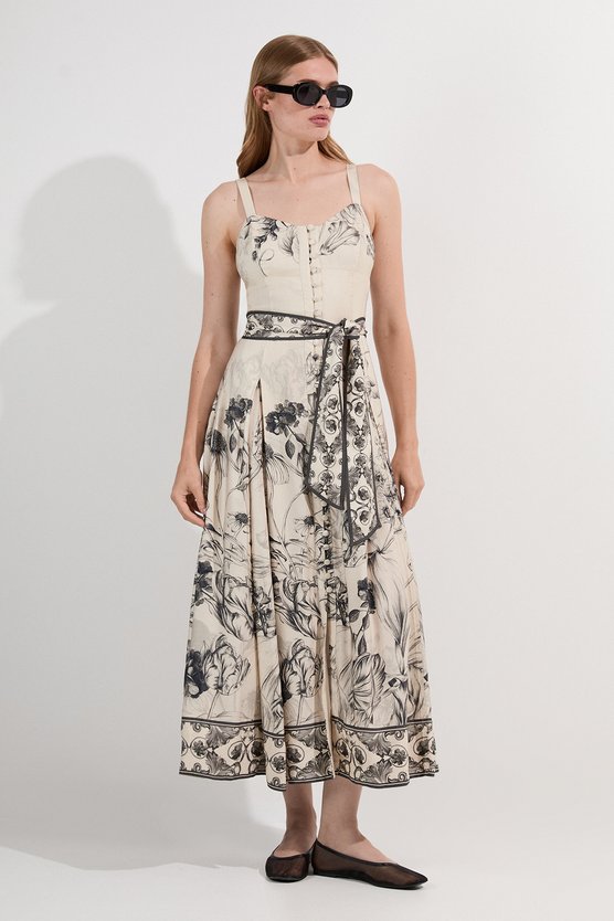karen millen Petite Viscose Linen Scenic Placed Print Strappy Woven Midi Dress mono
