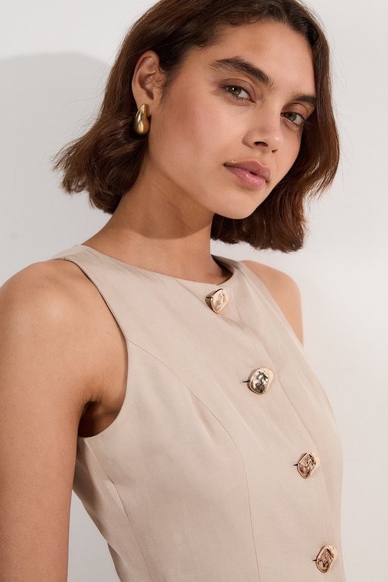 Karen Millen Petite Viscose Linen Tailored Statement Button Front Pencil Midi Dress Champagne