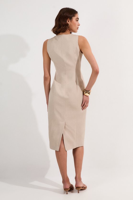 Karen Millen Petite Viscose Linen Tailored Statement Button Front Pencil Midi Dress Champagne