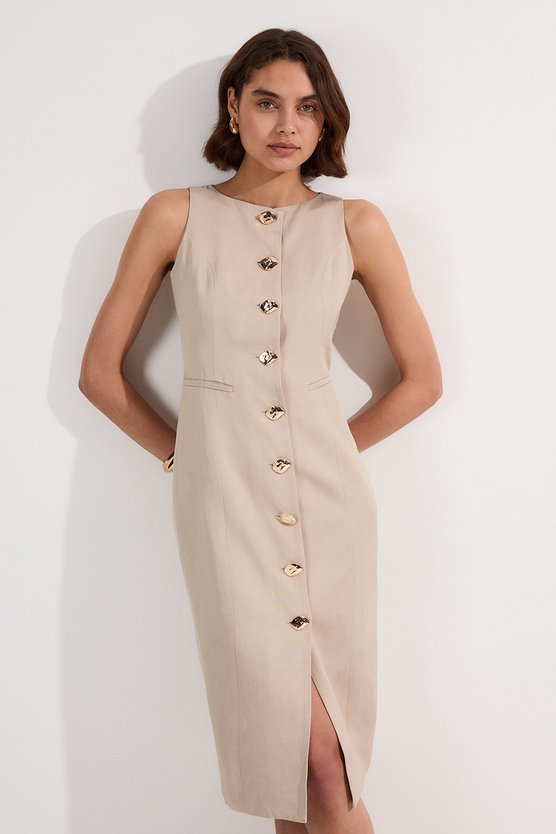 karen millen Petite Viscose Linen Tailored Statement Button Front Pencil Midi Dress champagne