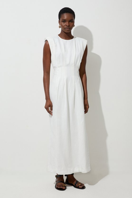 Karen Millen Petite Viscose Linen Woven Pintuck Midi Dress White