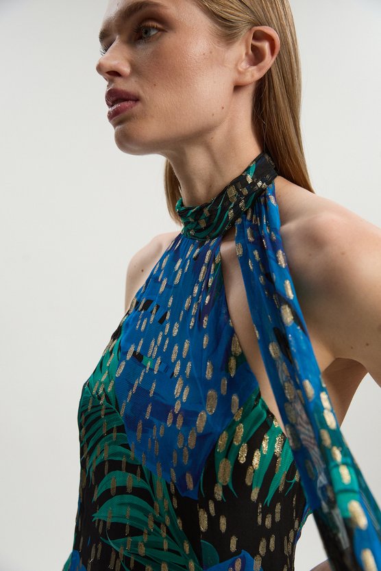 Karen Millen Petite Viscose Metallic Palm Print Halter Neck Maxi Dress Blue