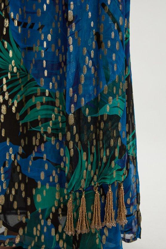 Karen Millen Petite Viscose Metallic Palm Print Halter Neck Maxi Dress Blue