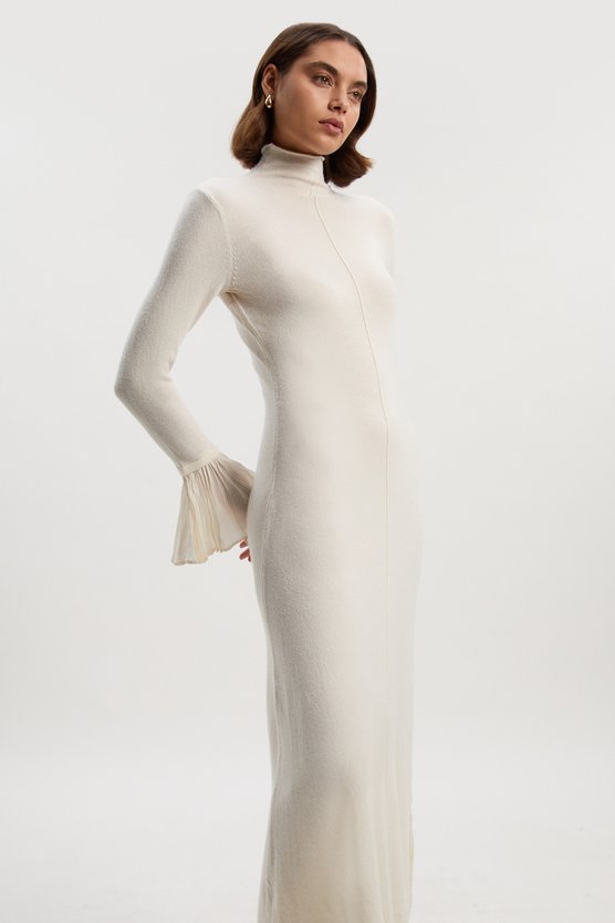 Karen Millen Petite Wool And Alpaca Blend Knit Pleated Silk Woven Cuffs Midi Dress Ivory