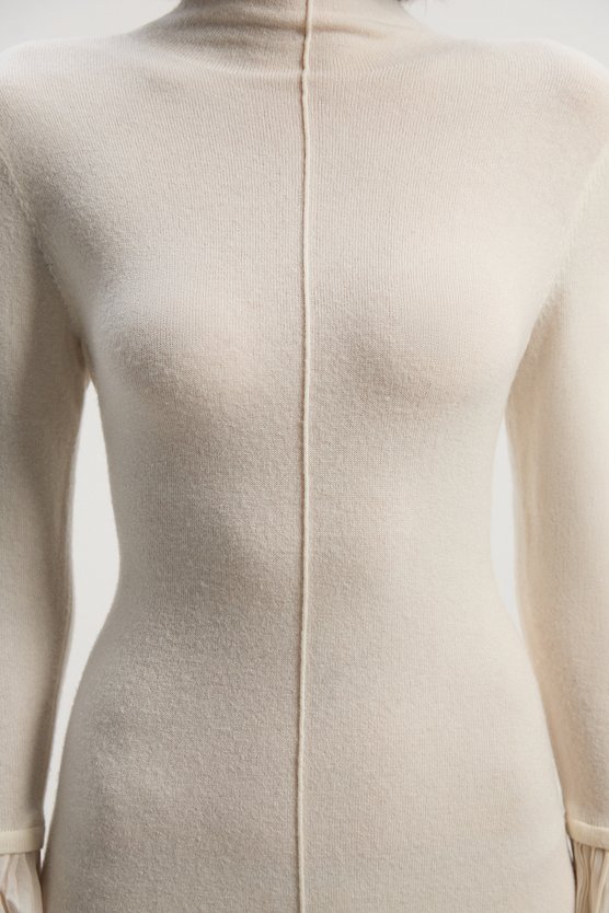 Karen Millen Petite Wool And Alpaca Blend Knit Pleated Silk Woven Cuffs Midi Dress Ivory