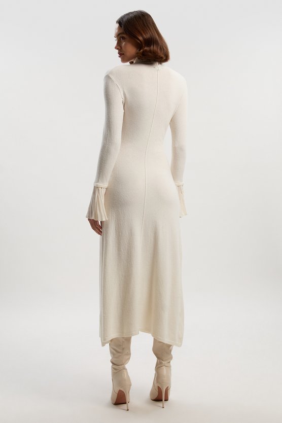 Karen Millen Petite Wool And Alpaca Blend Knit Pleated Silk Woven Cuffs Midi Dress Ivory