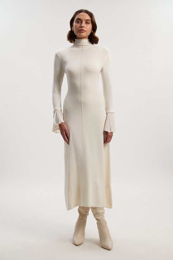 karen millen Petite Wool And Alpaca Blend Knit Pleated Silk Woven Cuffs Midi Dress ivory