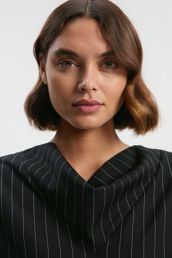 karen Millen Pinstripe Cowl Neck Tailored Pencil Midi Dress Black