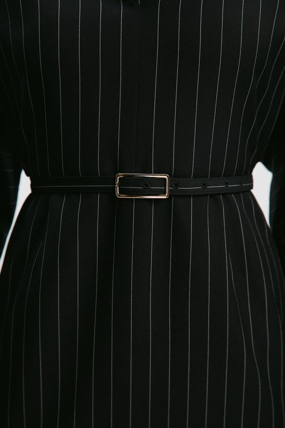 karen Millen Pinstripe Cowl Neck Tailored Pencil Midi Dress Black