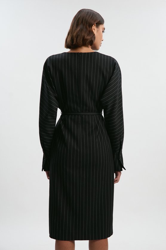 karen Millen Pinstripe Cowl Neck Tailored Pencil Midi Dress Black