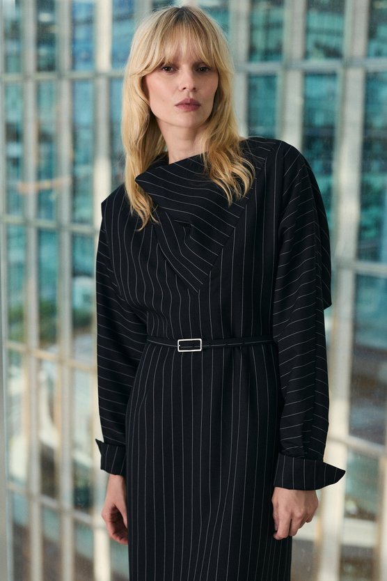 karen millen Pinstripe Cowl Neck Tailored Pencil Midi Dress black