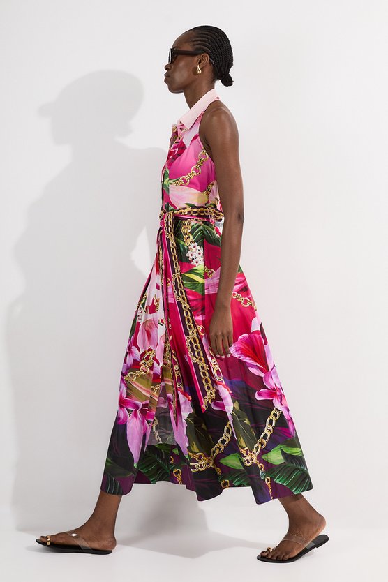 Karen Millen Placed Chain Cotton Sateen Shirt Dress Floral