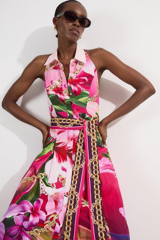 karen millen Placed Chain Cotton Sateen Shirt Dress floral