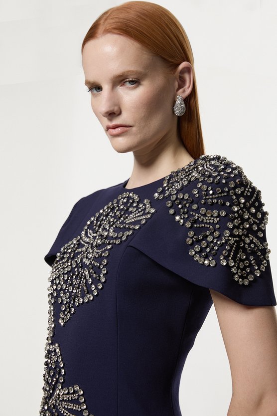 Karen Millen Placed Floral Crystal Embellished Tailored Cape Maxi Dress Navy